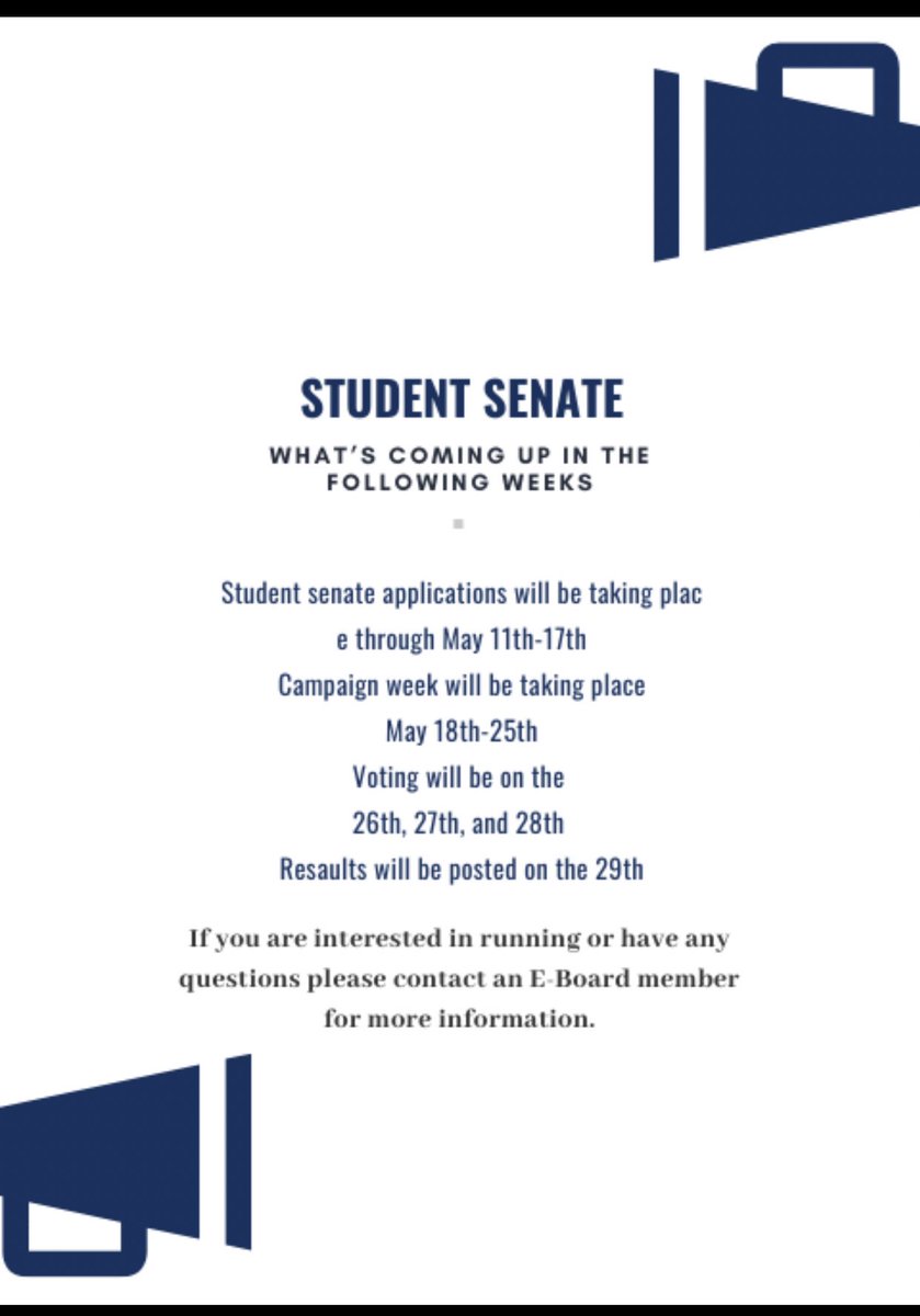 JGStudentSenate's tweet photo. All applications must be submitted by May 17th! Any student who wishes to run for a position on student senate MUST complete and submit the google form questionnaire linked in our bio. https://t.co/hdJxRvBqPq