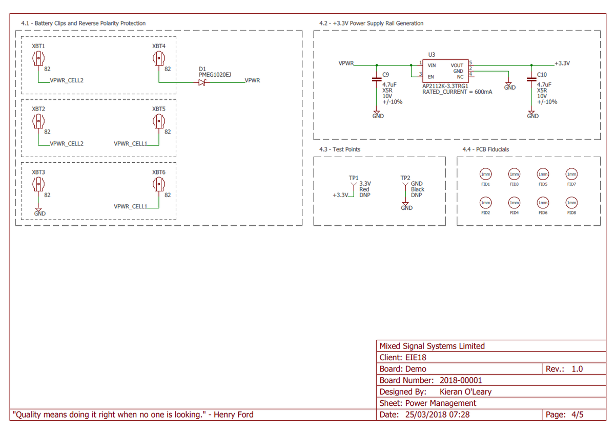 OLearyKieran's tweet photo. During @TheAmpHour episode this week, I mentioned that at @MixedSignalSys we number each section of our schematics to allow for effective schematic reviews when working remotely. The section numbers/titles can be exported to a CSV file using a script. Sample schematic shown here. https://t.co/I2KVlMy3UQ