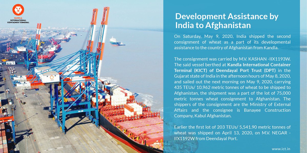 KICTerminal's tweet photo. M.V. Kashan – IIX1193W sailed out from Kandla International Container Terminal @KICTerminal of DPT in Gujarat on May 9, 2020 carrying 435 TEUs/10962 metric tonnes of wheat for Afghanistan. https://t.co/pV7nUd4xof