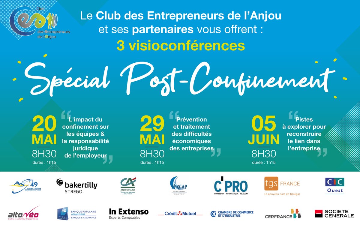 👉 A VOS AGENDAS | Parce-que le partage et l’entraide font partie de l’ADN du club, nous vous proposons d’assister, gratuitement, à 3 visioconférences spécial post-confinement. Inscrivez-vous ici➡️cea49.net/visioconferenc… 
#solidarité #covid19 #soutien #dirigeants #entreprises