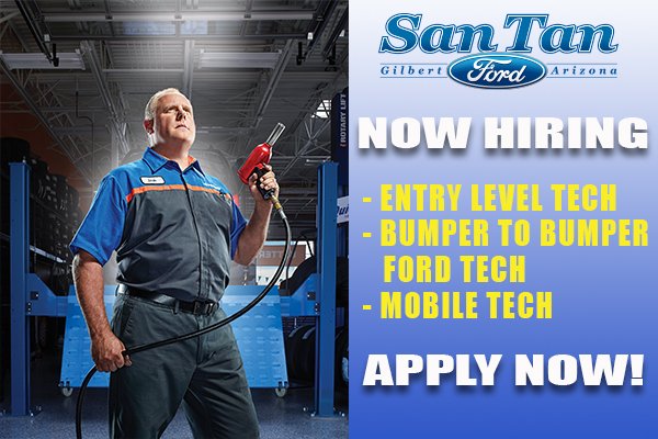 Join the San Tan Ford team! We are currently hiring Entry Level Technicians, Bumper to Bumper Ford Technicians, and Mobile Technicians. We offer a fantastic work environment, competitive pay and great benefits. Apply now!

santanford.dealerapply.com