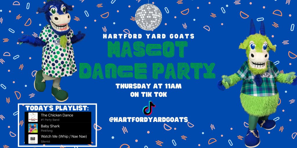 ~ ~YOU'RE INVITED ~ ~
Who: You &amp; your family
What: Mascot Dance Party
Where: TikTok (vm.tiktok.com/3frEMg)
When: Every Thursday at 11am this month
Why: Why not?

*take a peek at the playlist*🎶