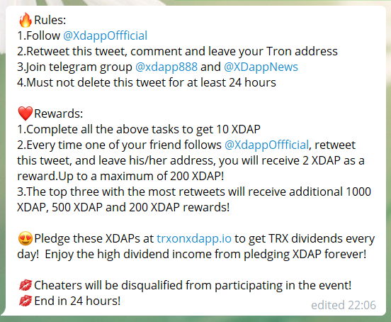 XdappOfficial's tweet photo. ❤️Rewards:
1.Complete all the tasks to get 10 XDAP
2.Every time one of your friend follows @XdappOffficial, retweet this tweet and leave his address, you will get 2 XDAP.Up to 200 XDAP
3.The top 3 with the most retweets will receive additional 1000, 500 and 200 XDAP

End in 24 h https://t.co/VAqwlErnT5