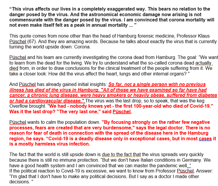 Head of Forensic Pathology in Hamburg on covid19 autopsy findings: “not a single person w/out previous illness has died of the virus in Hamburg. All had cancer, chronic lung dis, were heavy smokers or heavily obese, or had diabetes or cardiovasc dis" 1/3  https://www.mopo.de/hamburg/rechtsmediziner--ohne-vorerkrankung-ist-in-hamburg-an-covid-19-noch-keiner-gestorben--36508928