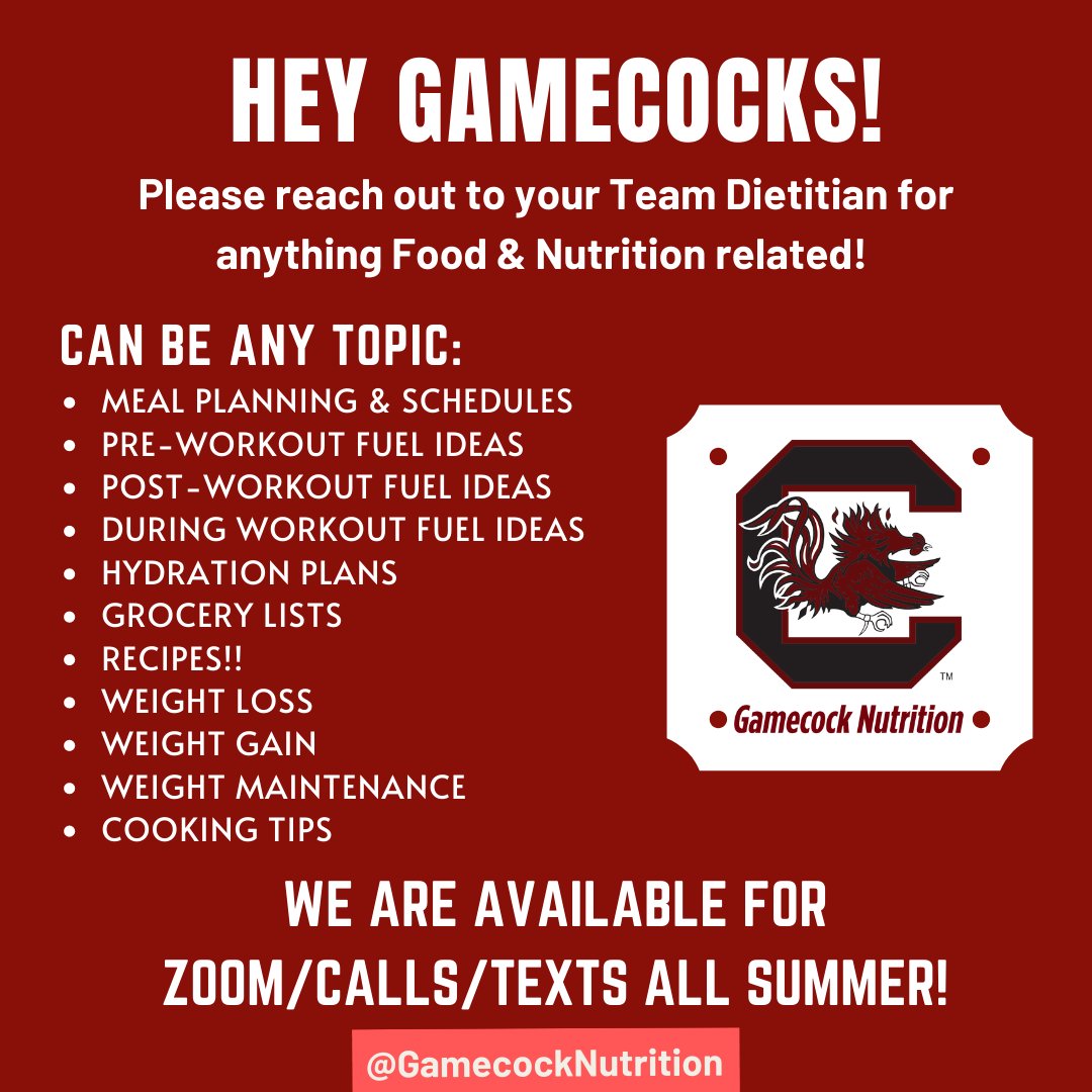 GamecockFeed's tweet photo. Hey Gamecocks! Please reach out to your Team Dietitian for anything Food &amp; Nutrition related!! We are available for Zoom/Calls/Texts all summer! https://t.co/JwY62KoOKV