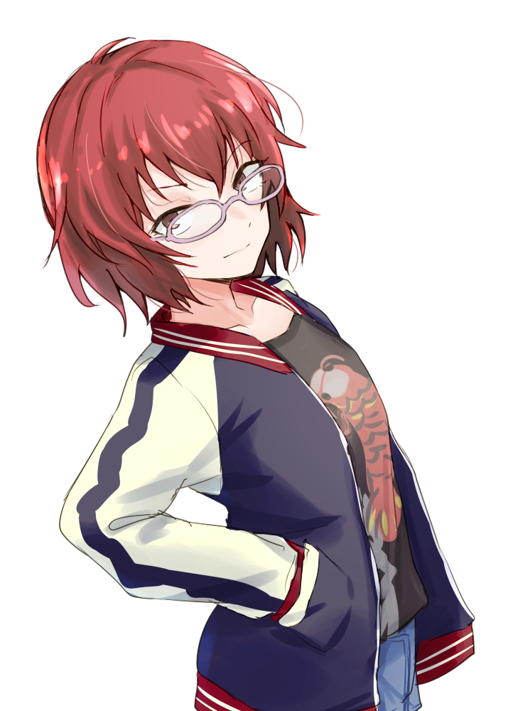 1girl solo jacket glasses red hair white background short hair  illustration images