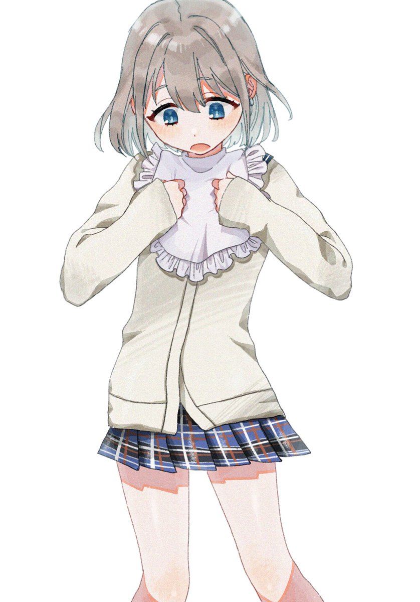 serizawa asahi 1girl solo skirt blue eyes looking down white background grey hair  illustration images