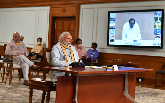 BJP4India's tweet photo. Prime Minister Shri @narendramodi chaired the 5th meeting with State Chief Ministers via video conferencing on COVID-19 situation, today.

#IndiaFightsCorona https://t.co/MdXjHvNfnU