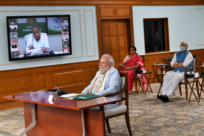 BJP4India's tweet photo. Prime Minister Shri @narendramodi chaired the 5th meeting with State Chief Ministers via video conferencing on COVID-19 situation, today.

#IndiaFightsCorona https://t.co/MdXjHvNfnU