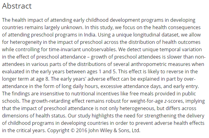 This biennial prize was open to papers published in 2017 and 2018 by Australian based researchers in health economics. Their paper is entitled: 'What does attending early childhood Program mean for child health in India?' and appeared in Health Economics in 2017.