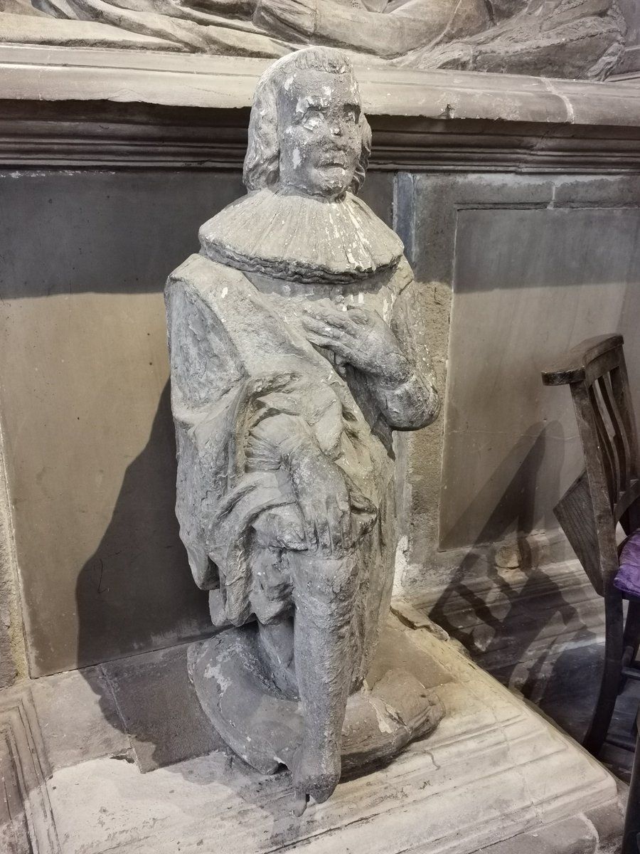 On the Savile chapel side, his brother, Sir William Savile, 3rd Baronet d.1644, kneels and regards the tombs of his ancestors. These crowd the available space constructed in 1447 by the not-yet-enobled Thomas Savile and enlarged in 1493 by William Savile.