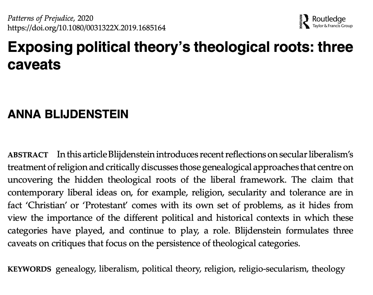 FREE TO READ: @ABlijdenstein's new article for POP exposes political theory's theological roots (with three caveats). She critiques #genealogical approaches that aim to uncover the hidden #theological roots of the liberal framework. Read online here: tandfonline.com/doi/full/10.10…