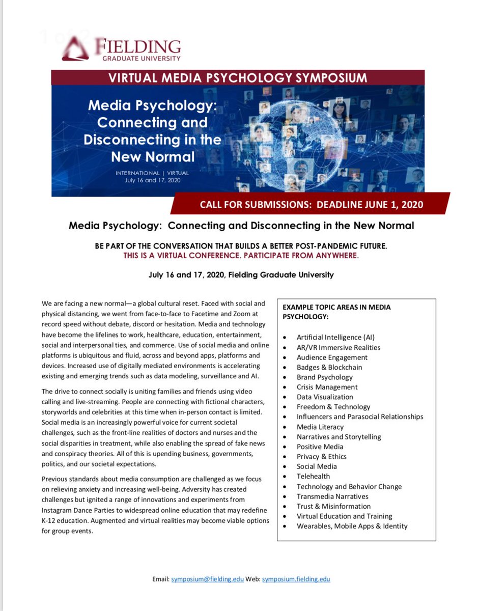 mediapsyfgu's tweet photo. Submissions open for the Virtual Media Psychology Symposium: Connecting and Disconnecting in the New Normal, July 16-17, 2020. https://t.co/KSCiT3KMmI