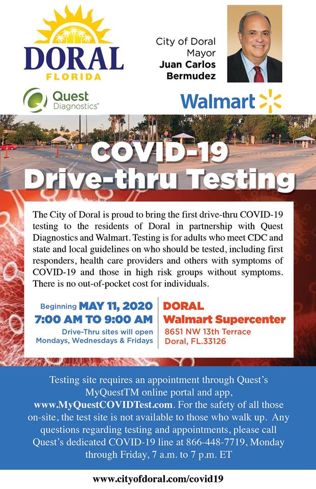 Juan Carlos Bermudez On Twitter The Cityofdoral Has Now Opened The First Drive Thru Testing Location At Doral Walmart Supercenter With Quest Diagnostics Adults With Symptoms Can Be Tested Mondays Wednesdays And Fridays