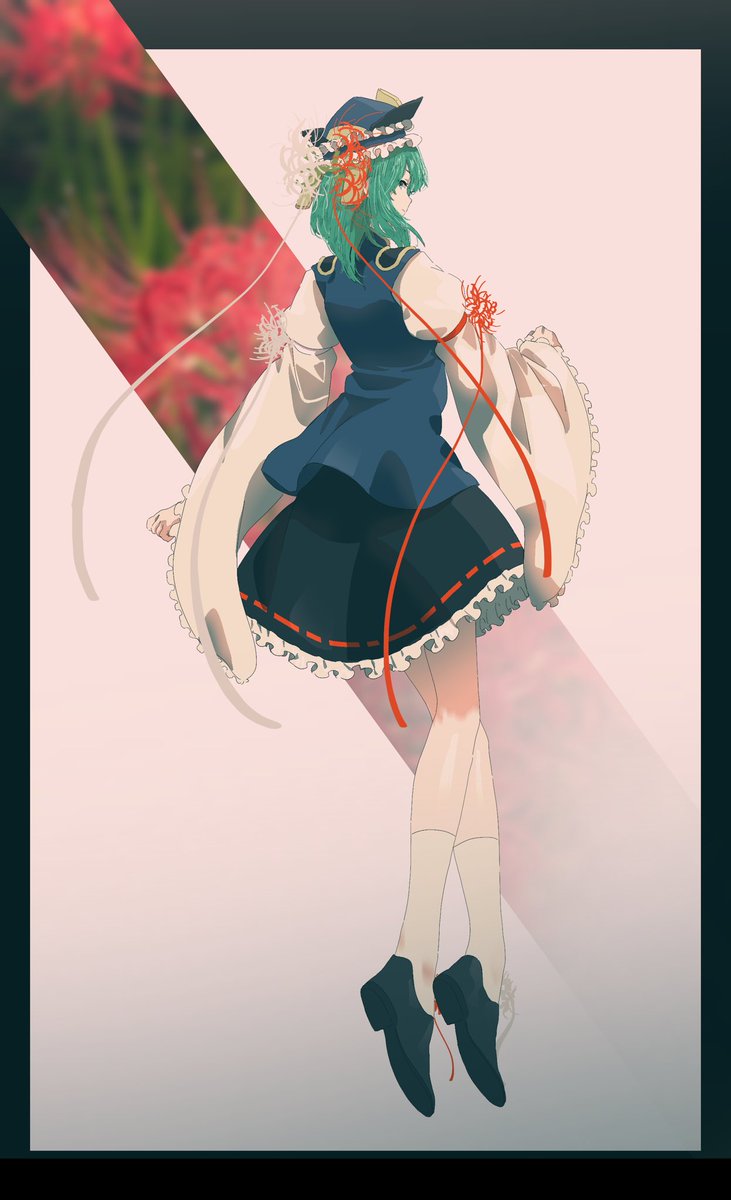 shiki eiki 1girl solo hat green hair skirt frills wide sleeves  illustration images