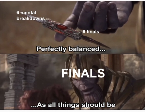 bmcc_la's tweet photo. While we might try to have perfect balance like Thanos, we need to make sure that with finals week approaching that we take the time for breaks and snacks. Burning out will only make the work harder! https://t.co/5wfR1Uxx6K