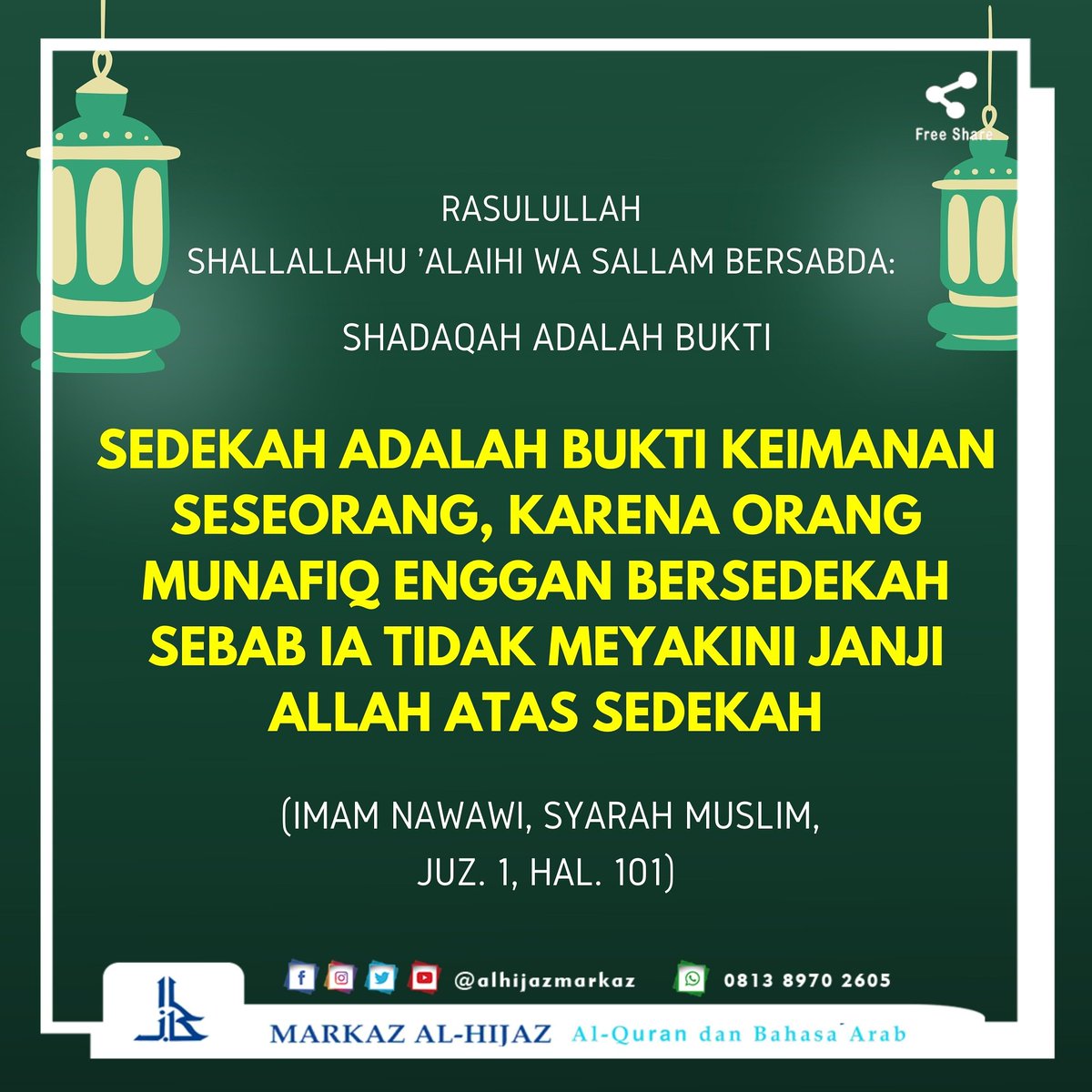 markazalhijaz's tweet photo. 📎 Rasulullah shalallahu 'alaihi wasallam bersabda: 
.
Shadaqah adalah Bukti
.
Sedekah adalah bukti keimanan seseorang, karena orang munafiq enggan bersedekah sebab ia tidak meyakini pahala sedekah
.
(Imam Nawawi, syarah muslim, Juz. 1, hal. 101)
_________
Follow @alhijazmarkaz https://t.co/Xdfljo8Mfc