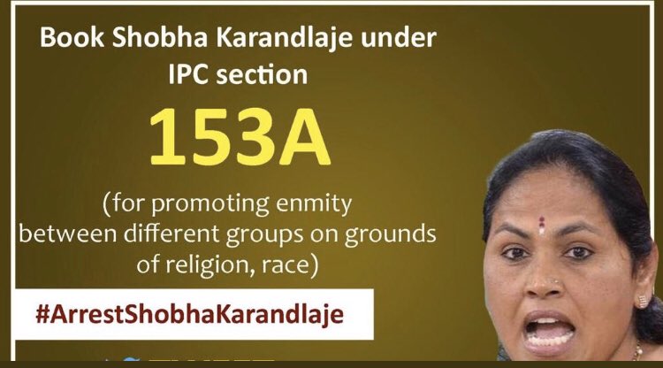 Syedumer9886's tweet photo. #ArrestShobhaKarandlaje under #IPCSection153A for promoting enmity between different groups on grounds of religion, race
#ArrestShobhaKarandlaje
@MediaTSI
#ArrestShobhaKarandlaje https://t.co/ZEttNQyfx9