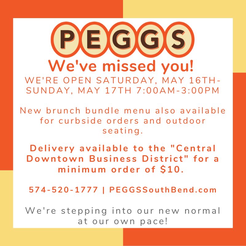 PEGGS_SouthBend's tweet photo. Beginning this Saturday, May 16th we will reopen for curbside orders and outdoor seating Sat-Sun. 7-3. We will soon post our new menu online with brunch bundles available as well. We're starting small to keep our amazing customers and staff safe and healthy. https://t.co/YiSguPI9Ct