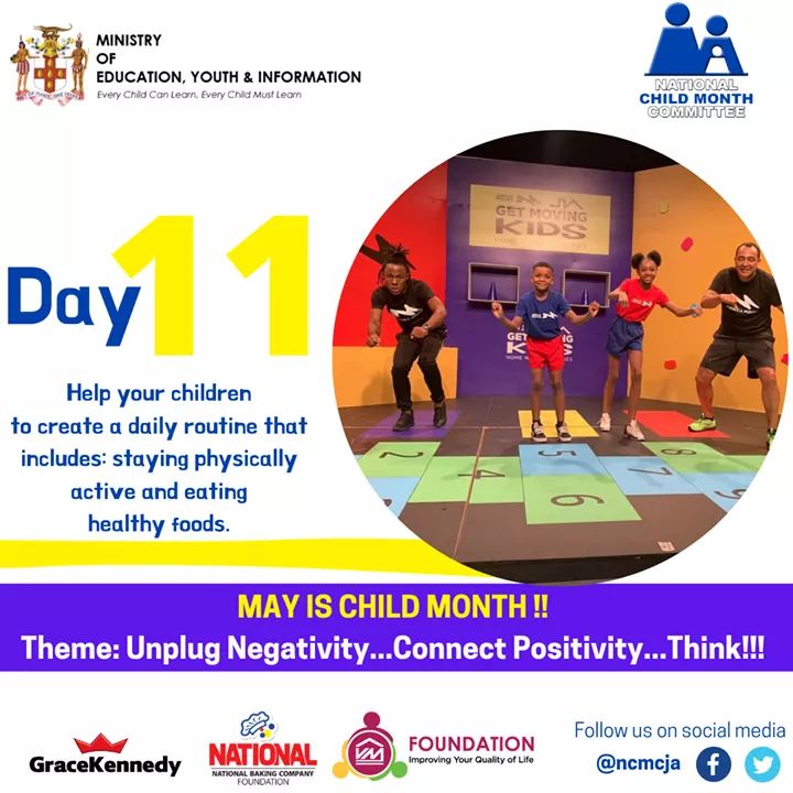 ncmcja's tweet photo. It's Monday!!

Day 11:
Help your children to create a daily routine that includes: staying physically active and eating healthy foods.

Official Hashtags:
#childmonthja
#ncmcja https://t.co/hCb53cdkSF
