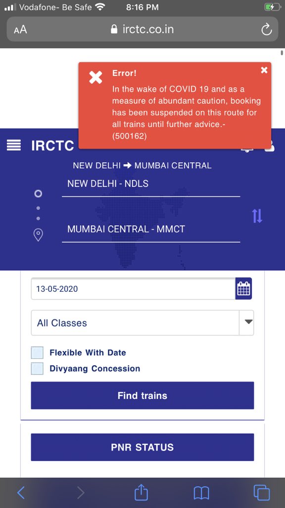 VishantTiwari's tweet photo. Need help from Indian Railways. I’m unable to book ticket from New Delhi to Mumbai Central. I’m Stucked in Delhi.#IndianRailways #IRCTC #PiyushGoyal #LOCKDOWN2020 
@IRCTCofficial
@PiyushGoyal
@PiyushGoyalOffc
@RailMinIndia https://t.co/6mQEnDwrec