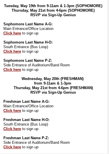 <a href="/RCHSclass2021/">RCHS Class of 2021</a> <a href="/RCHSclass2022/">RCHSclass2022</a> <a href="/RCHSclass2023/">RCHSclass2023</a> please refer to Mr. Wilson's newsletter for links to sign-up for your locker pick-up/school item (library books included 😉) drop-off times