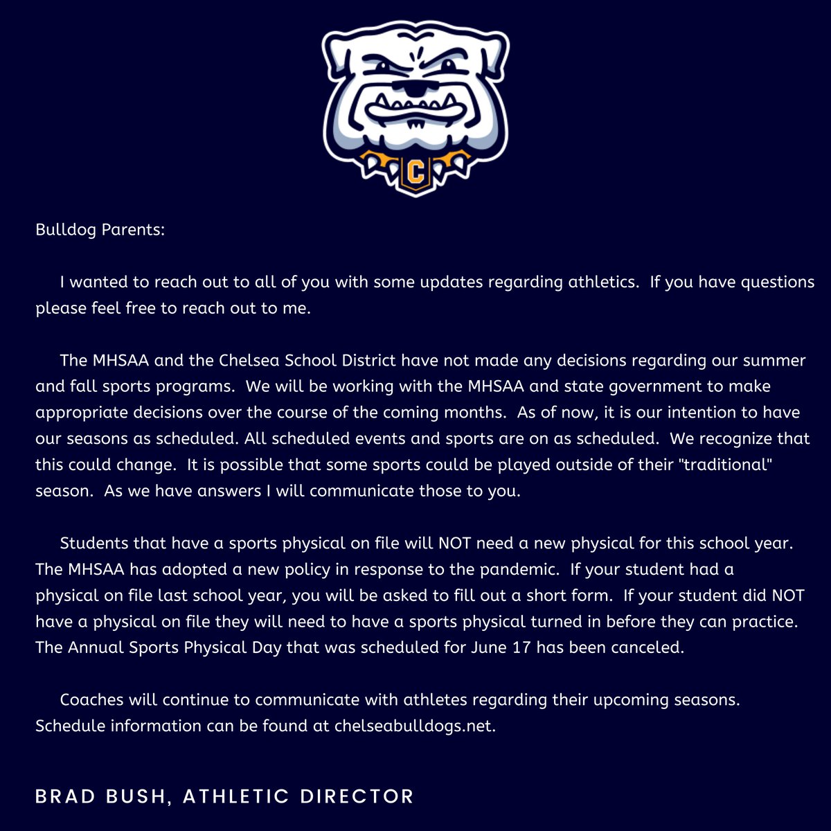 ChelseaBulldogs's tweet photo. Please see this important update from the Chelsea Athletic Department.  Specifically, there is important information regarding sports physicals for the 2020-21 school year. #OneChelsea https://t.co/Th5Jg7zhrn