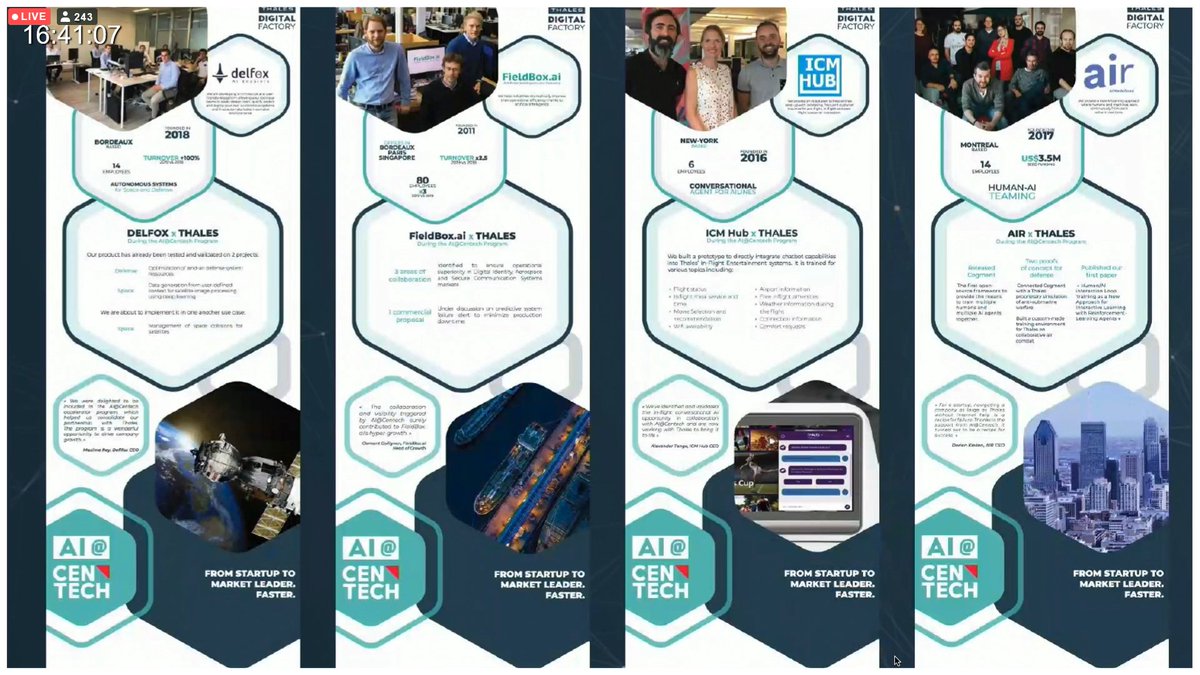 melchiorfaure's tweet photo. @CentechMTL presents various successful #ArtificialInteligence Ecosystems during #AppliedAI2020  @thalesgroup and its Thales Digital Factory is one of them with various challenges for #startups from around the world 💡��@joinstationf @wko_aw @een_eu @ai_austria https://t.co/TcQlCZDWaI