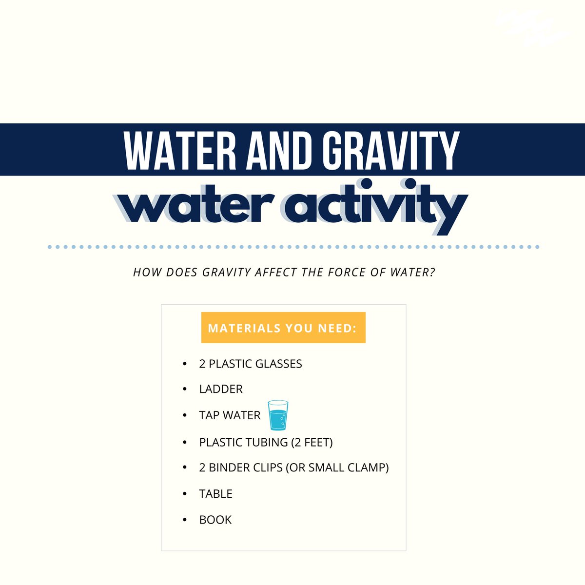 WesternWaterCA's tweet photo. Do your little ones know how gravity impacts the force of water?! Save and screenshot this fun water activity that will help them understand gravity's impact on water 💧 Thank you @mwdh2o for the activity idea! #WaterForKids https://t.co/PPfUK0oxGF