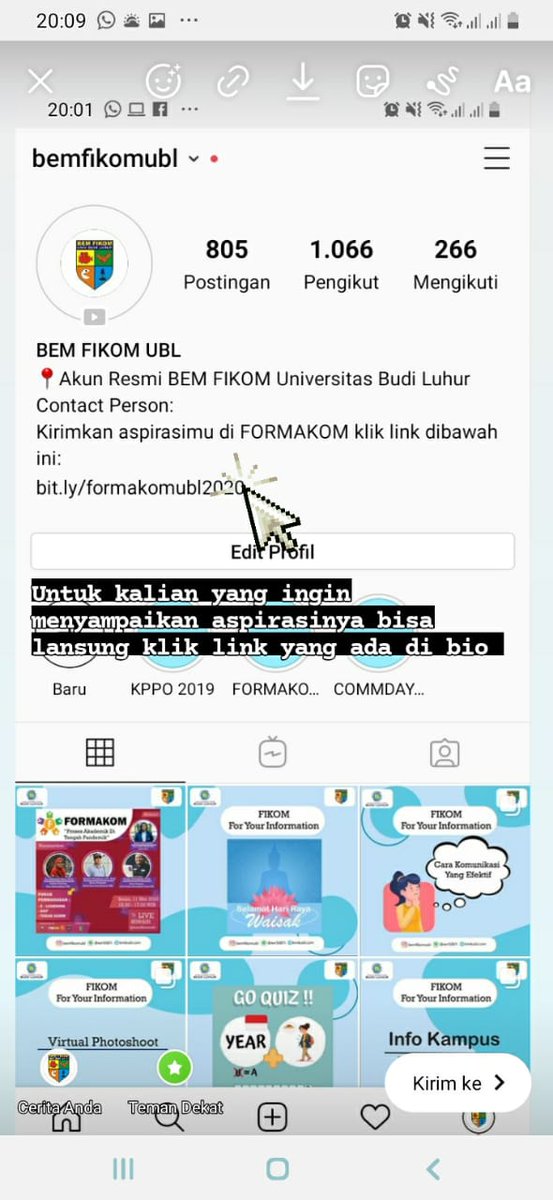 Hallo Fikomers!
Selamat malam🌚
Bagi Fikomers yang pertanyaannya belum di jawab dalam acara streaming online formakom tadi, silahkan sampaikan kembali aspirasi Fikomers di Link disini yaa
bit.ly/formakomubl2020

Terimakasih
Salam Komunikasi!
Salam Mahasiswa!
Salam Budi Luhur!