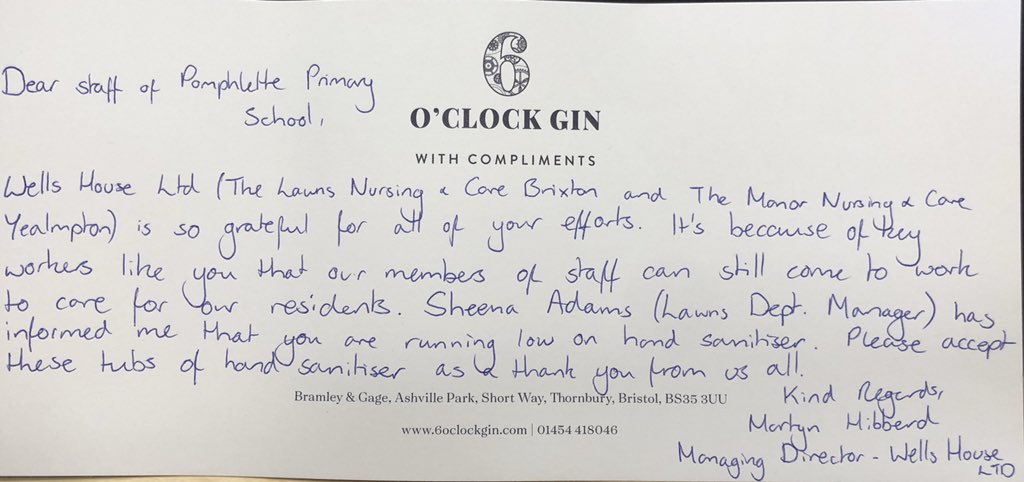 CARING CLEAN HANDS
 We received 20 litres of free hand sanitiser today.Martyn Hibberd, (Wells House Ltd), who run The Lawns Nursing Home in Brixton kindly donated the sanitiser for the children of Pomphlett to use. 
THANK YOU! 
#handsanitiser #6oclockgin 
#WellsHouseLtd
