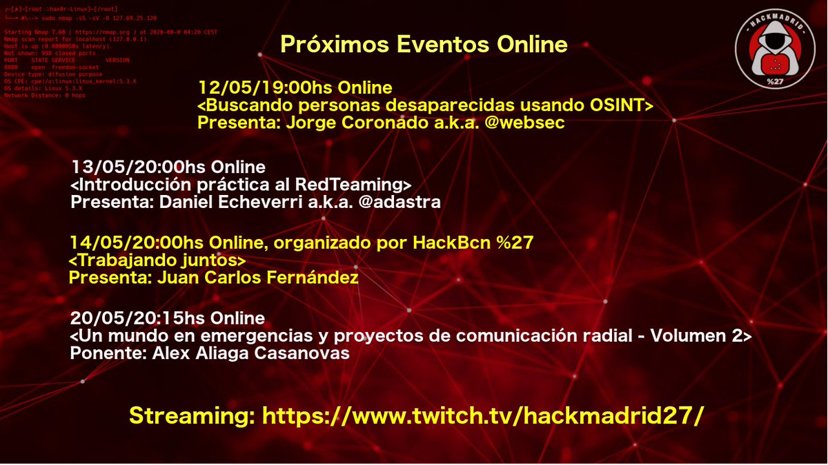 hackmadrid's tweet photo. Próximos eventos online de @hackmadrid y @hackbcn 

https://t.co/mycOHrtAW1
https://t.co/vCU7opdQPT https://t.co/mFVkvv3i54