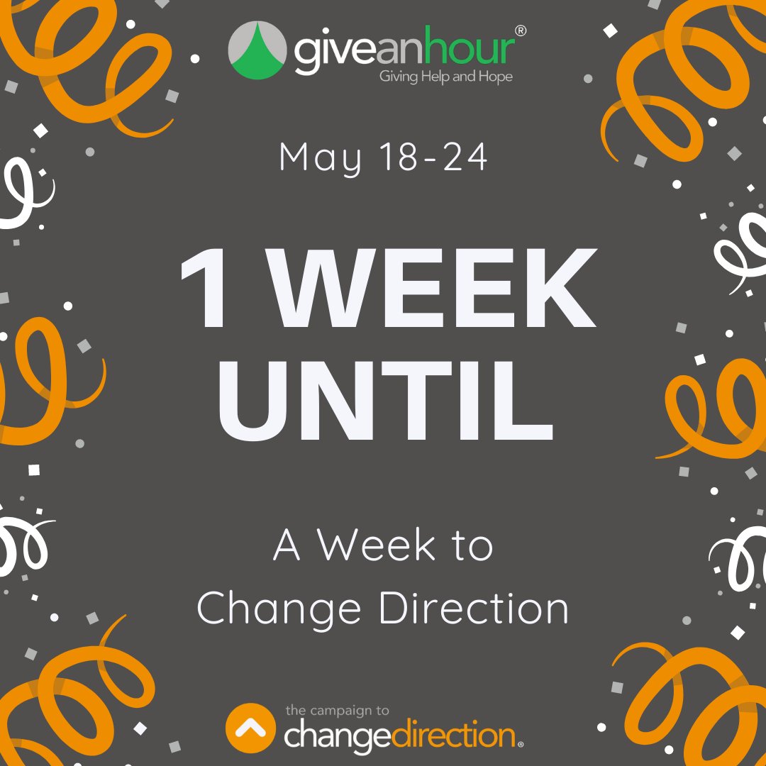 giveanhour's tweet image. Only 1 week until our virtual and global event- A Week to Change Direction! Join over 700 people in nearly 20 countries to #ChangeDirection. All you have to do is share how you are taking care of your emotional well-being. Sign up here: bit.ly/2W94nu5