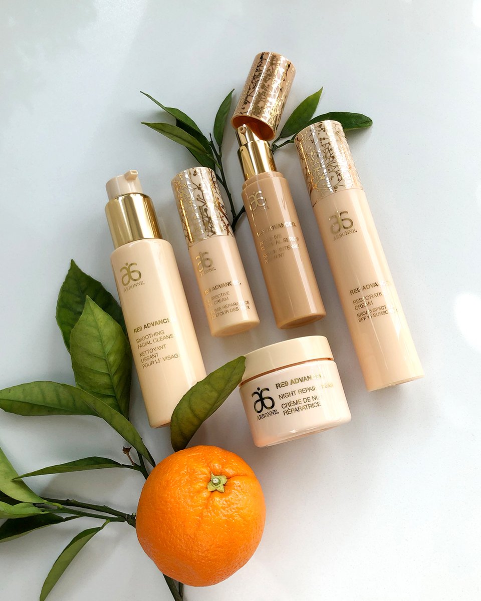 arbonne's tweet photo. Everyone’s skin starts to show signs of age eventually, so we’re armed and ready! RE9 Advanced® is our bestselling healthy aging skincare line, designed to help target these signs in one easy regimen. What’s your favorite product in the line?  https://t.co/evBnwuinhD https://t.co/9NlDh9KQXy