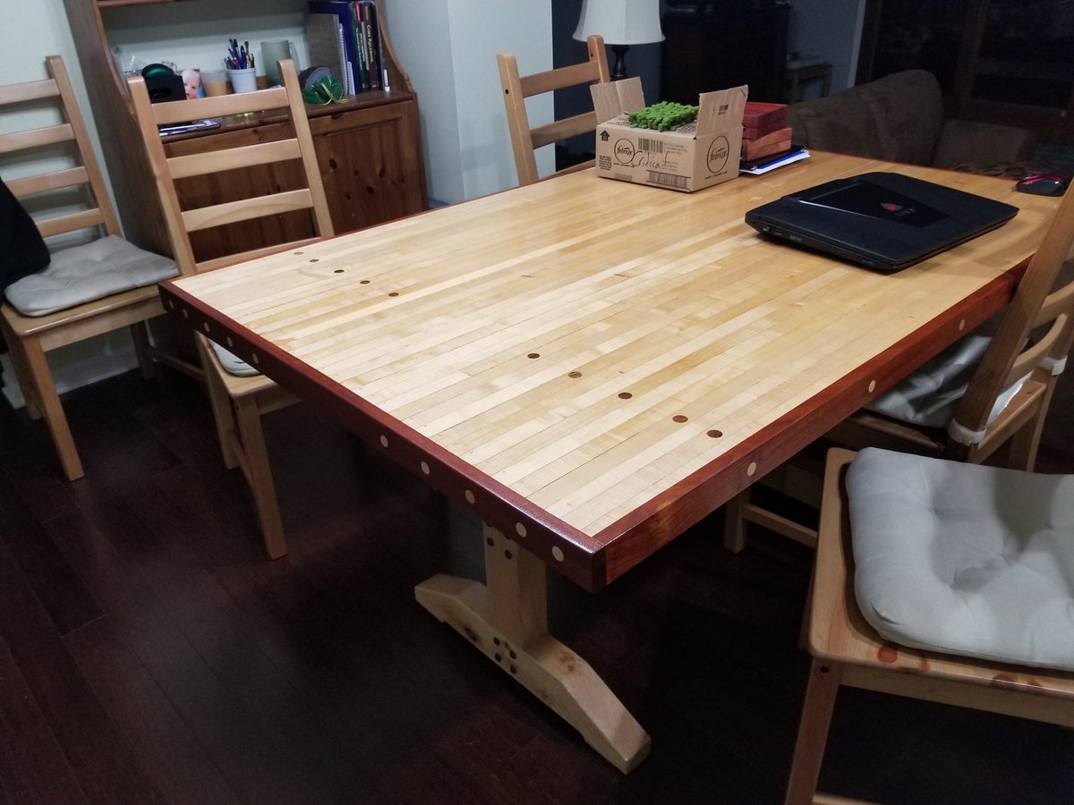 P10Workshop's tweet photo. 2 more inlays left to do. Using the offcut from our kitchen table i made 5 years ago. #bowlingalleytable #scrapwood https://t.co/8pi8e28Gpw