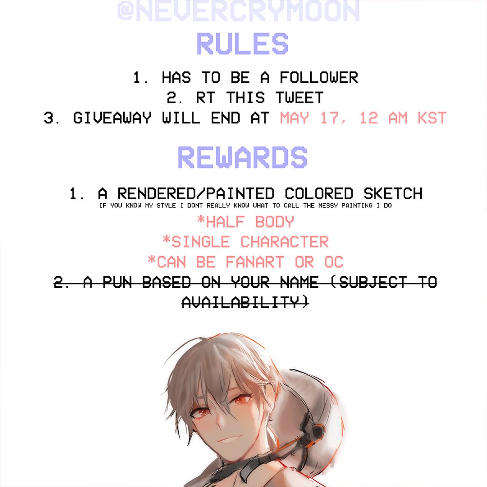 nevercrymoon's tweet photo. HELLO!
I am doing an art #giveaway to thank everyone for the support and feedback given to me~!

Rules
1. Has to be a follower (of me, not Mint Eye)
2. RT this tweet
3. End on May 20, 12 am KST

I will announce the winner publicly then communicate thru DM.

Thank you so much! https://t.co/wB3ewctrLR