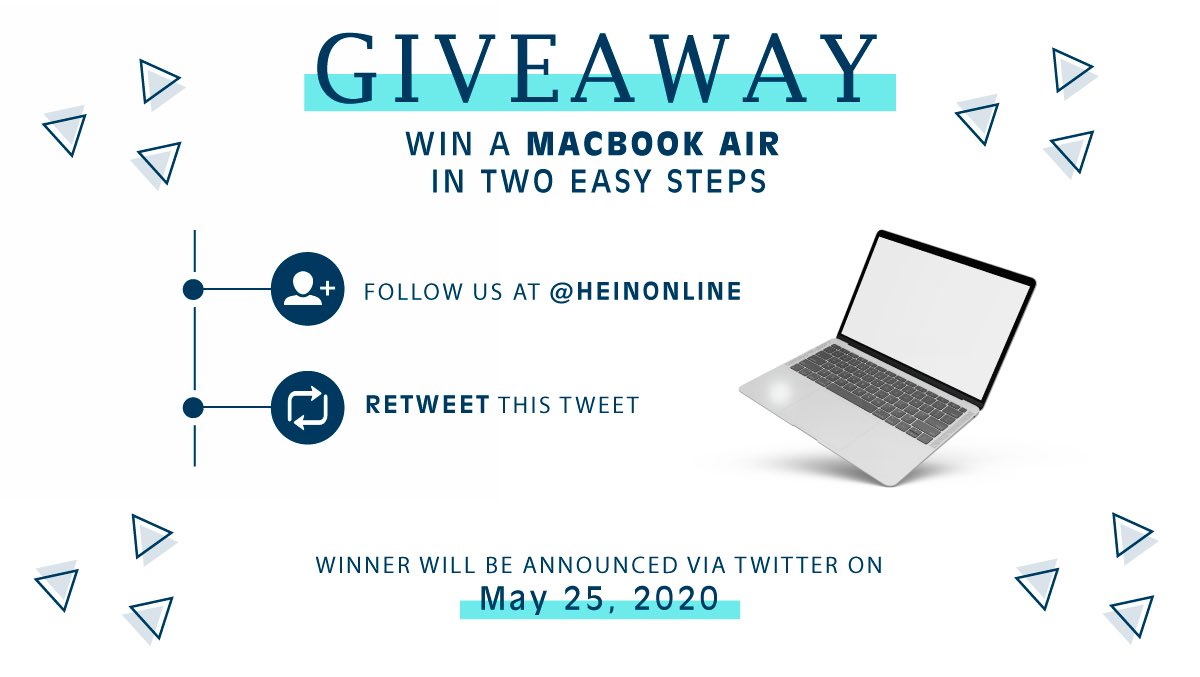 May marks the 20th anniversary that HeinOnline was launched! For our #quarantinebirthday this year, we’re giving away a MacBook Air to one lucky winner. To enter for a chance to win: Follow us 👉 us at <a href="/HeinOnline/">HeinOnline</a> and retweet this tweet by May 24th!