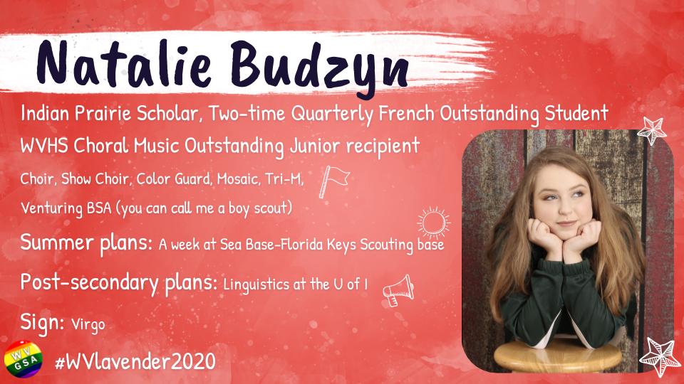 WVGSA's tweet photo. We begin our Lavender Ceremony this year by recognizing Natalie Budzyn! Congratulations on all of your accomplishments at @WaubonsieValley We are grateful for your contributions! Way to go Natalie! Merci beaucoup! #WVLavender2020 #BeWV 🖤🤎❤️🧡💛💚💙💜 https://t.co/D7kYfhp5oy