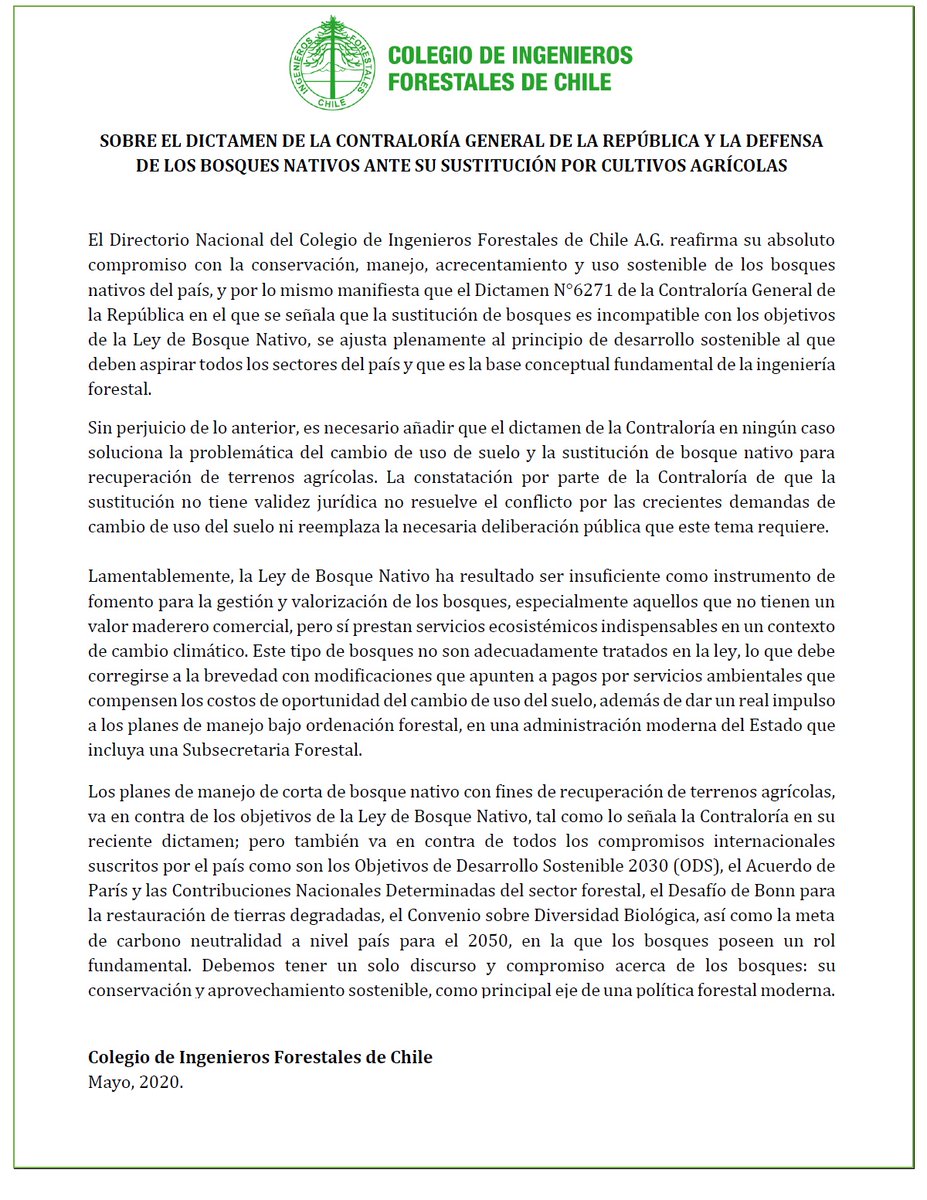 Declaración pública del Colegio de Ingenieros Forestales de Chile, sobre el dictamen de la Contraloría General de la República y la defensa de los bosques nativos ante su sustitución por cultivos agrícolas.
cifag.cl/declaracion-pu…