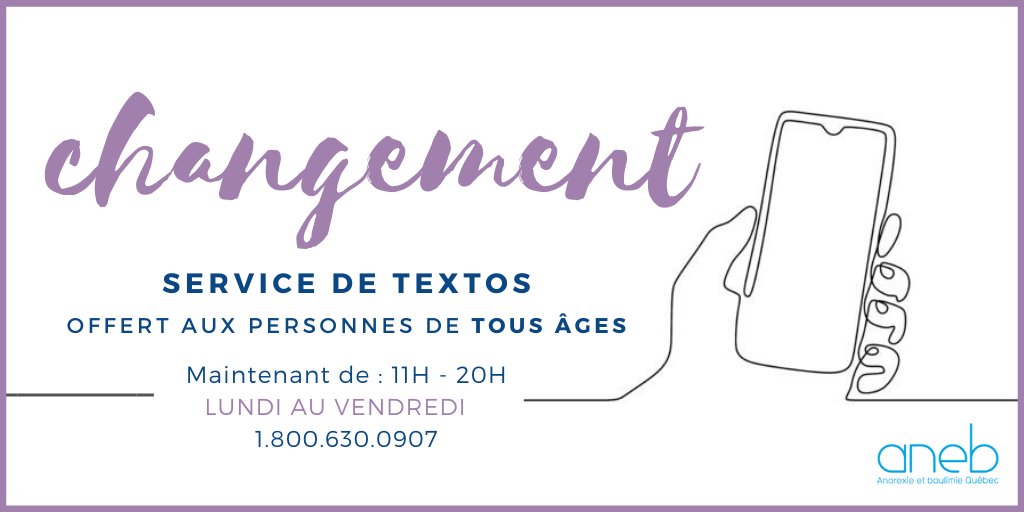 Nous avons apporté un changement au niveau de nos heures de service pour les textos. Veuillez noter que nous offrons maintenant le service de 11h à 20h, du lundi au vendredi!  Nous vous rappelons que ce service est offert aux personnes de tous âges. Textez-nous! 📲🌈