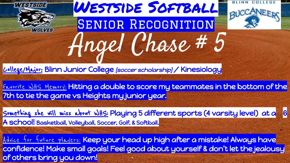 Westside_SFTBL's tweet photo. Senior Shoutout to ANGEL CHASE!

She played varsity softball for 3 years at 
@westsidehigh

Congrats on signing to play soccer in college at Blinn Junior College! @Blinn_WSOC @BlinnAthletics 
 
#2020wolfpackhonors #bestofthewest #gowestsidewolves 
@HISDAthletics @angello08770210 https://t.co/RfT26Q3U55
