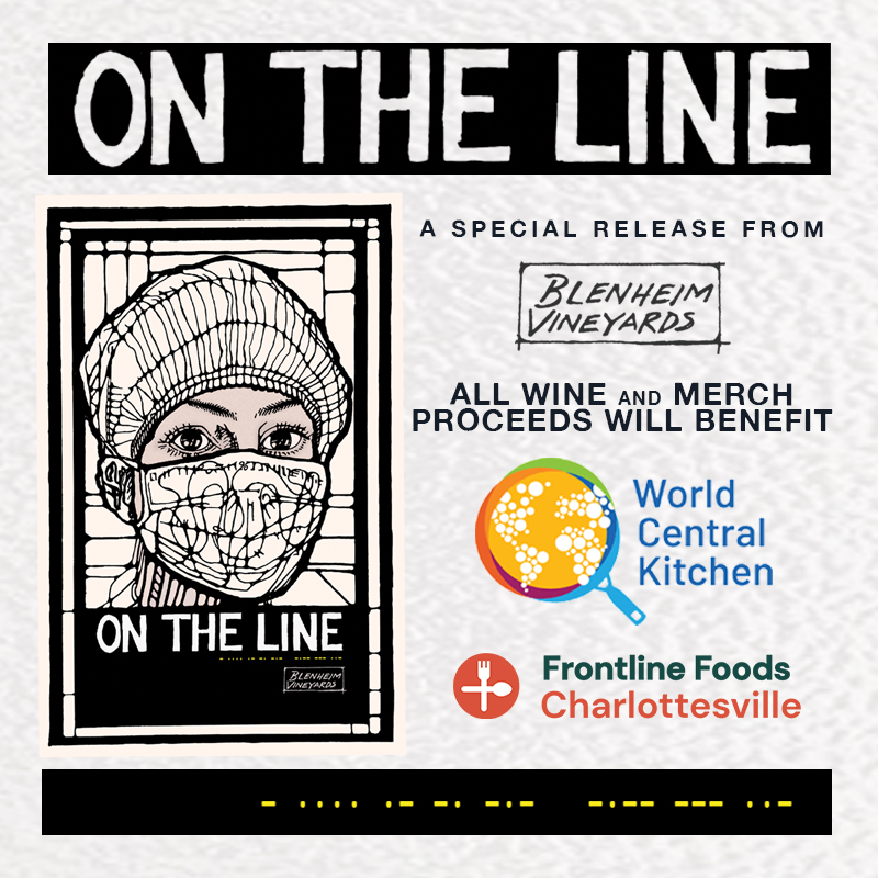 davematthewsbnd's tweet photo. Check it out! @BlenheimWines created a limited release "On The Line" red wine and merch with design by Dave Matthews in support of @frontlinefoods Charlottesville and the @WCKitchen, known around the globe as “Food First Responders” serving millions of meals each year. https://t.co/tpn6WUB4Qw