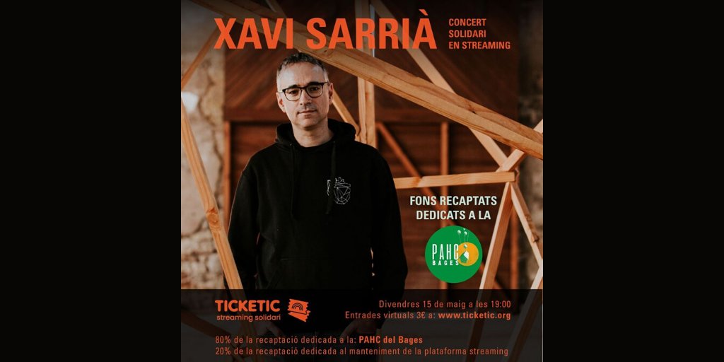 Divendres 15 de maig <a href="/xavisarria/">Xavi Sarrià 🇵🇸</a> als #StreamingsSolidaris de <a href="/Ticketic_org/">TickEtic - Entrades amb una mirada social</a> 
🔸Informació i entrades: bit.ly/XaviSarriàTick…
🔸Retransmissió a: streaming.ticketic.org 
80% de la recaptació per a la Plataforma d’Afectades per la Hipoteca i el Capitalisme del Bages (<a href="/PAHCBages/">PAHC Bages</a>)