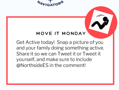 PrincipalKJones's tweet photo. It's @NorthsideES Spirit Week, and today is Move it Monday! I can't wait to see all the great photos from our #NavigatorNation @nespre_k @NESKINDER1 @NesFirst @northside2nd @3rdNES @4thNes @5thGradeNES @NESnewcomers @NIntervention @NES_AIG @nesartstudio @ell_nes @26_inviernos https://t.co/L7lfgKBsQf