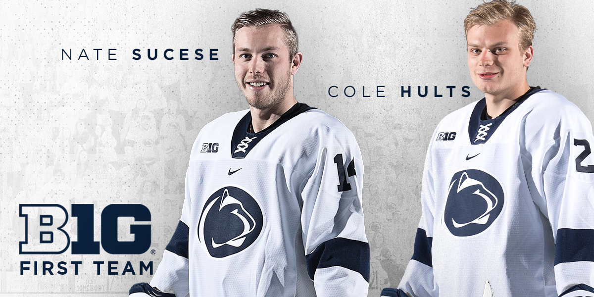 PennStateMHKY's tweet photo. Senior @nate_sucese and junior @ColeHults named #B1GHockey First-Team All-Conference as announced by the league on Monday morning becoming Penn State's fifth and sixth First-Team honorees in program history!!

#WeAre #HockeyValley https://t.co/8oQ0tPPJ3W