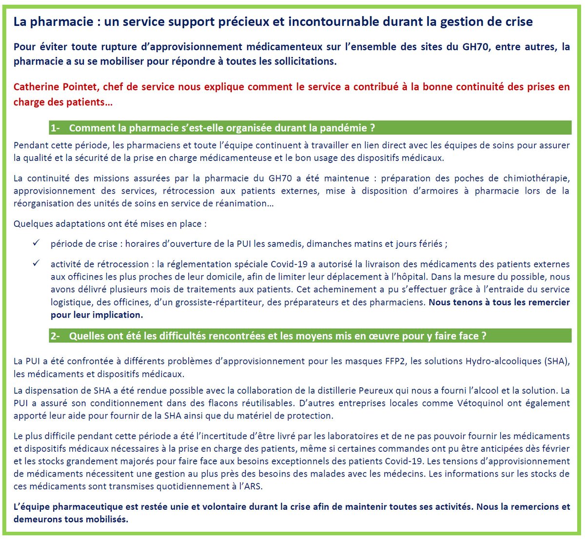 Pour éviter toute rupture d’approvisionnement médicamenteux sur l’ensemble des sites du GH70, entre autres, la pharmacie a su se mobiliser pour répondre à toutes les sollicitations. 

Rencontre avec Catherine Pointet, chef de service 
#gh70 
#pharmacie 
#ensemblefaisonsface