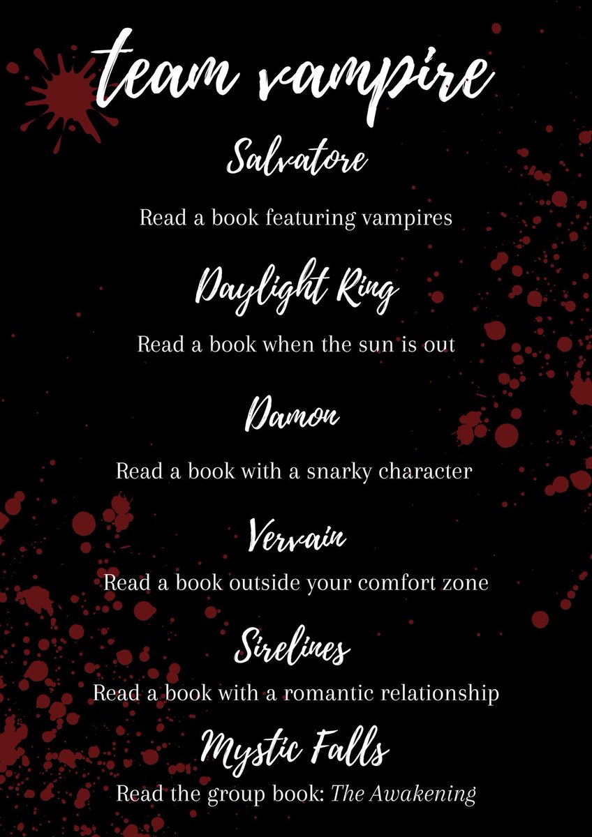 tvdreadathon's tweet photo. Here’s all of the prompts! Comment here what team you want to be on 🖤 
Will add you to the group chat of your choice 🐺🦇🌙 https://t.co/H5NG698DFZ