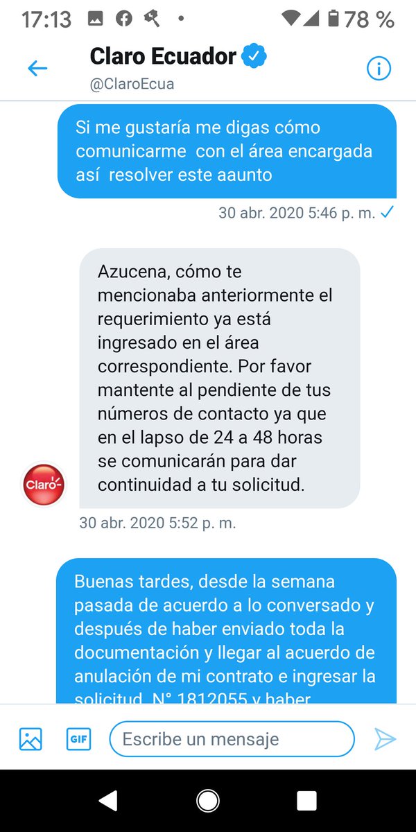 azuconavi's tweet photo. @ClaroEcua @Arcotel_ec @SecAnticorrup @DEFENSORIAEC @Conecel @SuperciasEC @EcuavisaInforma les envío en dos días diferentes lo que los asesores de Claro me envían la última es hace unos minutos en horario España una del 30 de abril y otra la de hoy https://t.co/11SvhpPzCW
