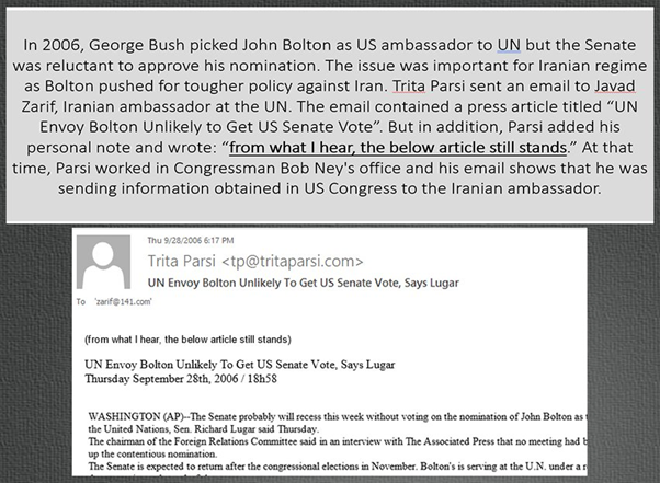 14)Court documents from Sep 2006:Parsi sent confidential info to Zarif, informing him that based on what he heard in Congress, Bolton would not get the Senate vote to become U.S. Ambassador to UN.Credit:  @IranianForum