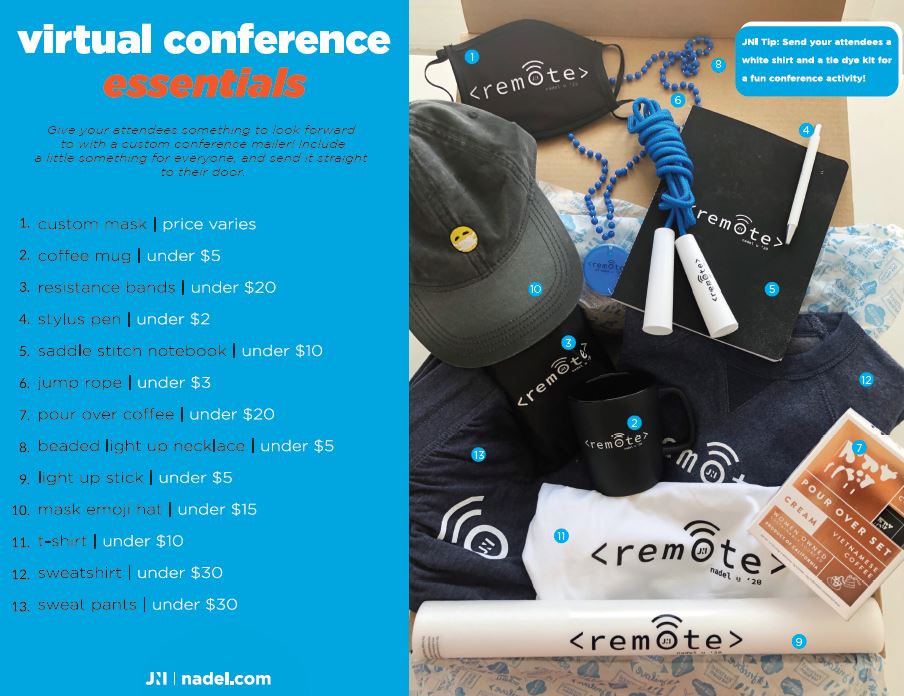 cslamskowski's tweet image. A few essentials for your virtual conference. Have these personalized and drop shipped to your attendees. Email me at connie.s@nadel.com for more information. #virtualconference #WFH #custommailers #branding #jnilove